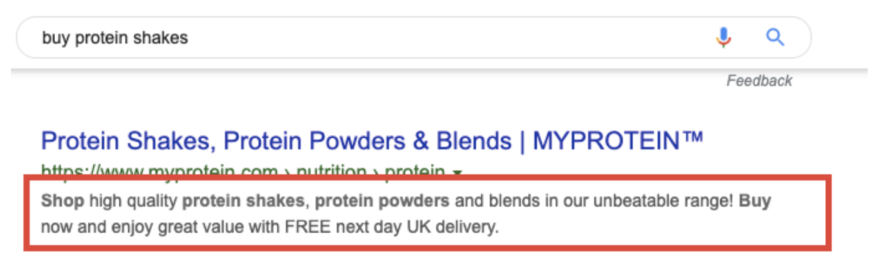 Meta description in Google SERP