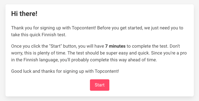 Complete a screening test before starting freelance writing jobs at Topcontent