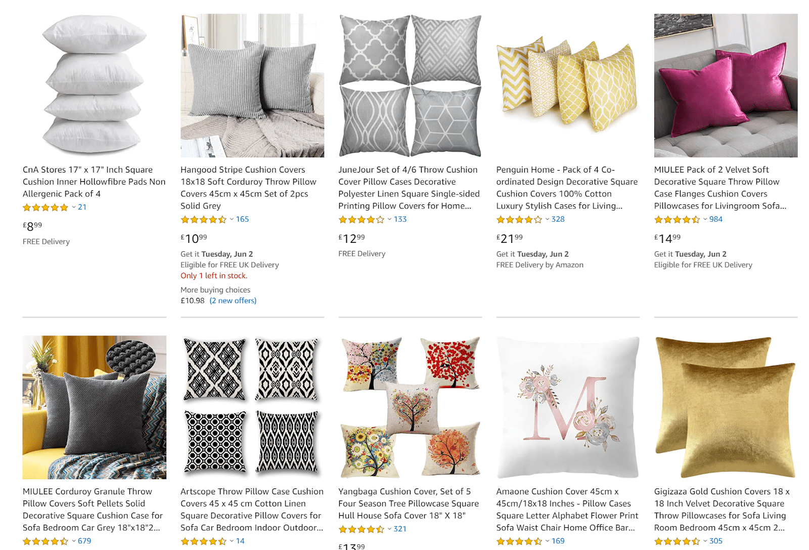 examples of amazon listings of pillows used in decorated settings