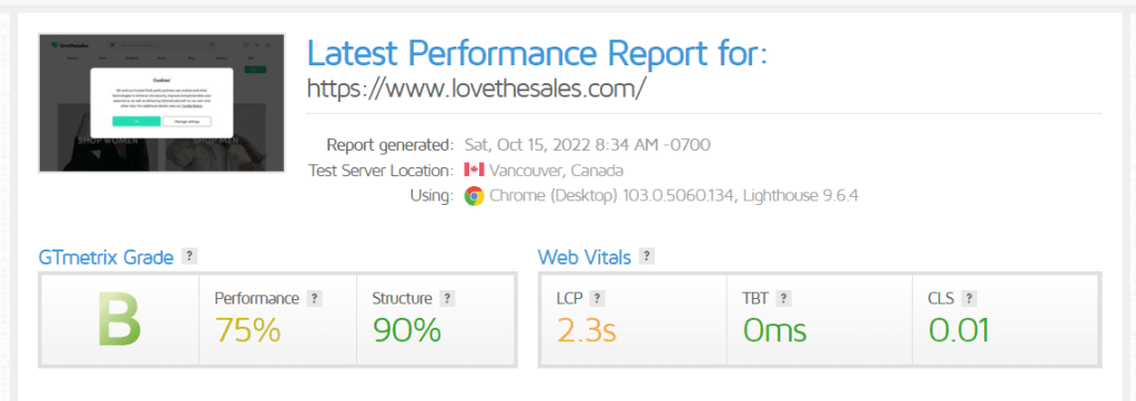 GTmetrix Core Web Vitals Report