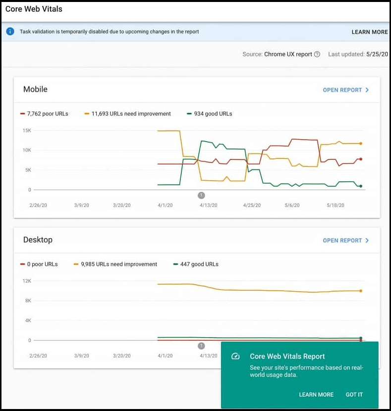 Example of core web vitals in gsc