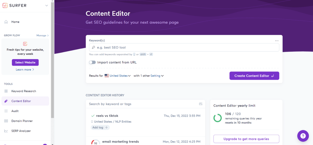 Surfer SEO content editor